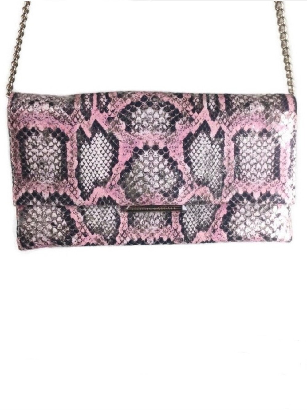 NWOT Loeffler Randall Tab Metallic Snakeskin Print Pink Leather Crossbody Clutch